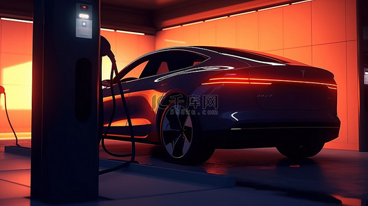 电动汽车在充电站电池充电不足，用 3D 渲染进行说明