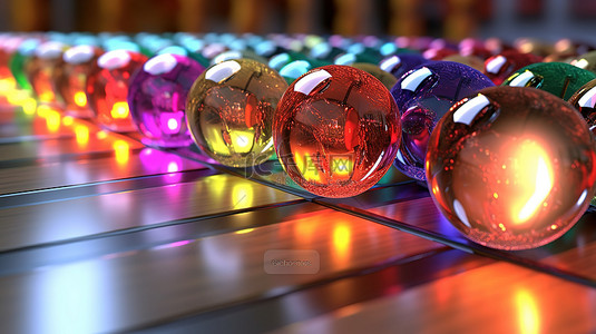 成排的彩色闪亮玻璃球的特写 3D 渲染反射