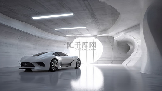 通过 3D 渲染和宽敞的混凝土地板展示未来派建筑中的汽车