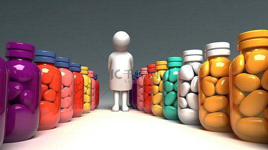 药卡通背景图片_微小的 3D 医生站在一瓶药旁边