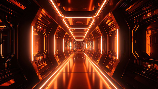 抽象橙色宇宙飞船的未来主义霓虹灯走廊 3d 渲染科幻插图