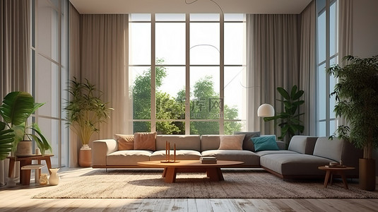 椅子海报背景图片_带有宏伟高天花板窗板的客厅的 3D 渲染插图