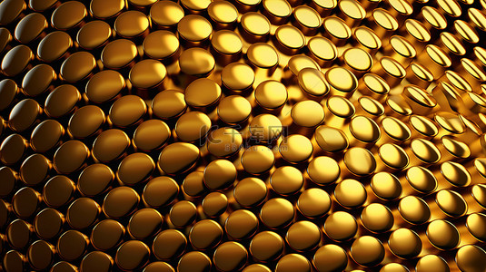 小圆形金色金属背景网格图案抽象渲染与 3D 纹理