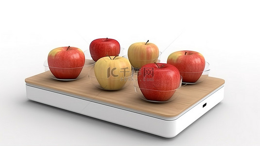 电子秤的 3D 渲染，白色背景上带有苹果盒，非常适合称量食物