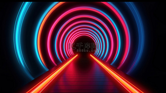 发光隧道背景图片_动态 3D 插图，带有发光的霓虹灯和神秘的隧道