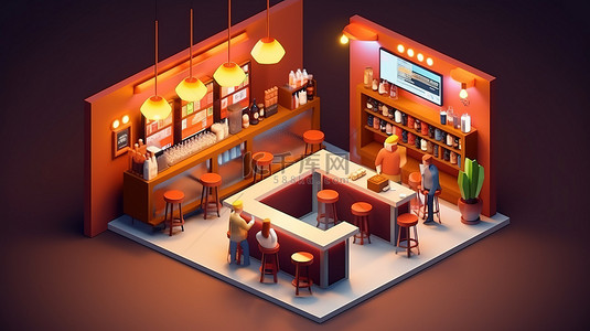 啤酒酒花背景图片_酒吧店等距室内设计的概念 3D 插图