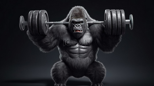 肌肉发达的 3d 大猩猩卡通用哑铃锻炼