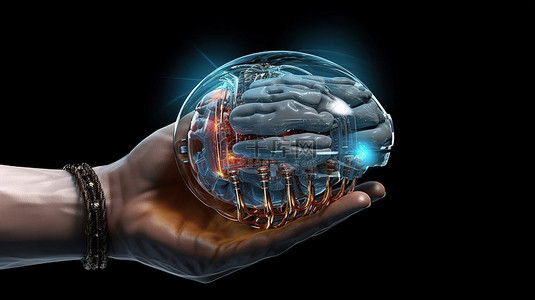 机器人脑背景图片_1 抓住人造大脑的机器人手的 3D 渲染