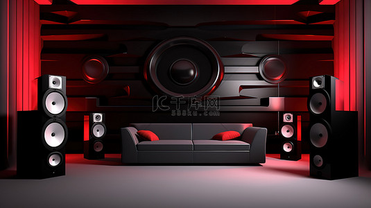 现代黑色内饰，配有时尚的红黑扬声器系统和 3D 渲染电视
