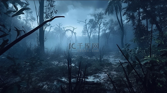 神秘的傍晚丛林白雾笼罩在 3D 插图中的黑暗树木