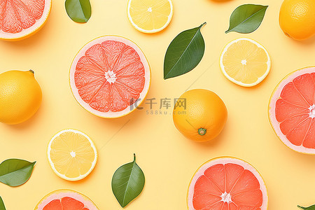柠檬黄色背景背景图片_黄色背景中的许多葡萄柚橙子和柠檬