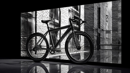 城市场景黑色自行车以 3D 渲染，带有窗户反射，非常适合通勤或旅行