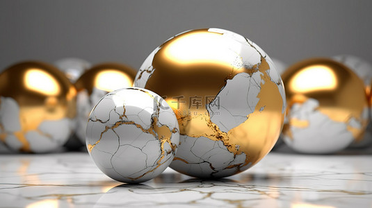 3D 渲染抽象大理石和背景中的金半球
