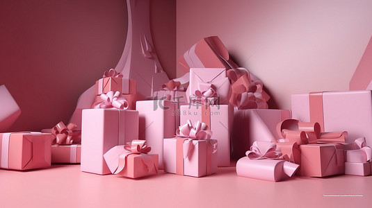粉红色活动背景图片_粉红色主题生日庆祝活动包装礼品盒的 3D 渲染