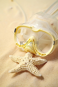 沙子上放着一个潜水面罩，背景是海星
