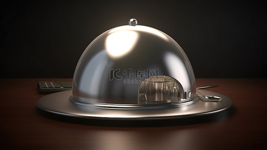 美食菜单封面背景图片_电脑鼠标连接到 3D 渲染中的银色餐厅圆顶