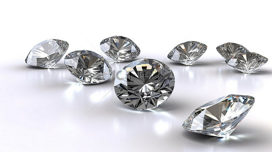 白色背景的结晶钻石分组呈现 3D 奢华宝石