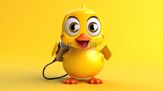 可爱的 3D 黄色卡通鸭人吉祥物，白色背景上带有抽象充电电池