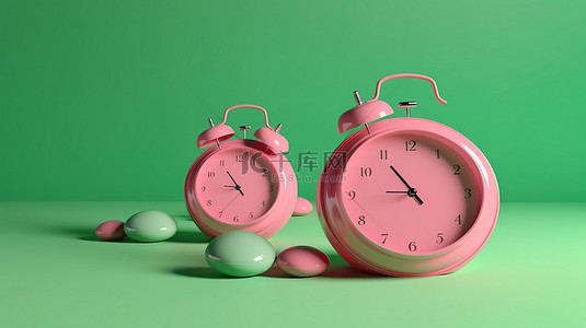 圆形绿色背景，带有 3D 渲染的粉色时钟和闹钟符号