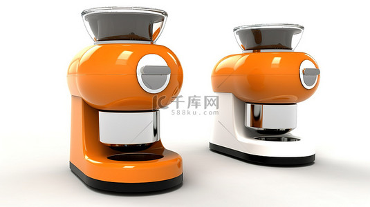 3d 渲染白色背景与橙色和白色咖啡研磨机