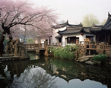 风景秀丽的中国村庄，沿水道而建