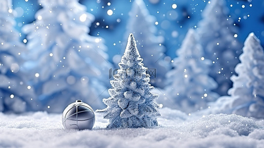 垂直积雪覆盖的圣诞树，配有 3D 冬季装饰，圣诞节或新年的节日背景