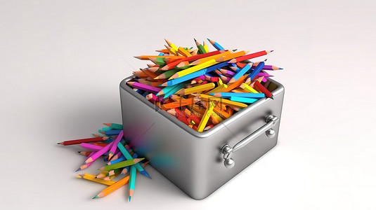 笔盒标签背景图片_浮动铝盒 3D 渲染内一系列颜色的铅笔