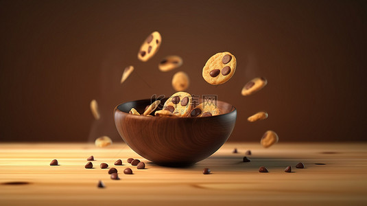 巧克力片层叠到木碗中的 3D 插图