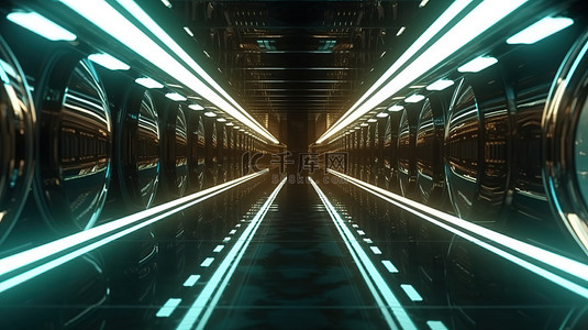 具有抽象 3D 渲染的未来科幻隧道中的反光走道