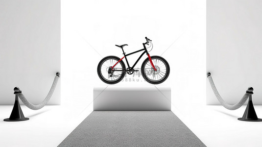 胜利的黑白山地自行车在冠军领奖台上，红地毯在白色 3D 背景下