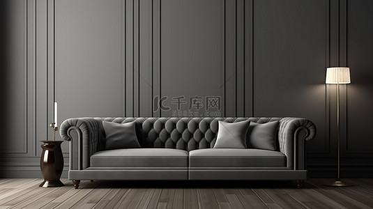 光滑的灰色沙发和深色木地板 3D 渲染高架客厅内部