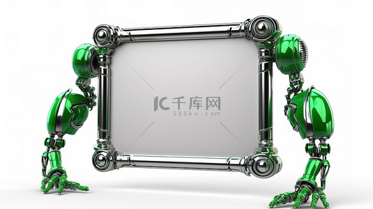 白色背景上镀铬机器人爪的 3D 渲染，绿色黑板非常适合青年设计