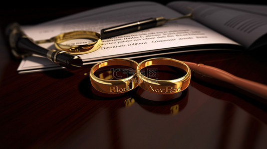 离婚律师的徽章在两个金戒指的闪烁下黑纸上的 3D 插图