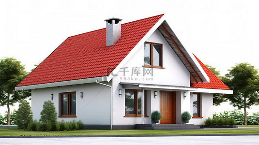 红色小房子背景图片_当代小屋外观，郁郁葱葱的绿色植物中的红色屋顶之美 3D 渲染
