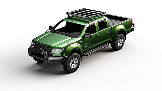 白色孤立背景的 3D 插图，配有宽敞的绿色越野皮卡车，用于乡村冒险和探险
