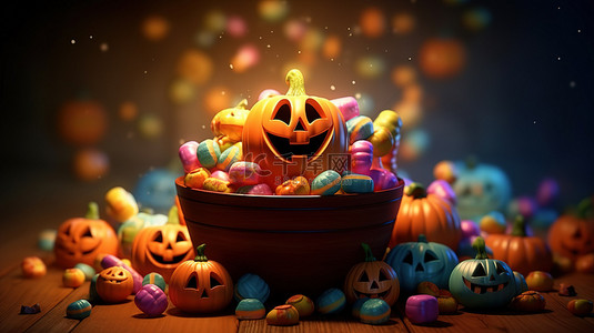 文本编辑软件背景图片_节日万圣节场景一篮子甜食和漂浮在 3D 中的杰克灯笼南瓜
