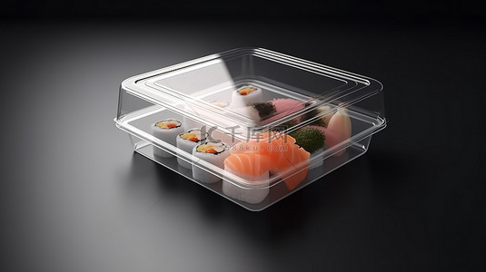 外卖盒背景图片_3D 方形塑料一次性食品容器的真实模型，非常适合寿司配送，配有透明盖空白白纸包装和从各个角度观看的隔离餐午餐外卖