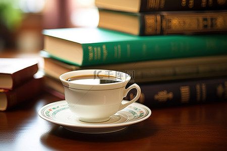 一杯咖啡放在几本待售书籍前的碟子上