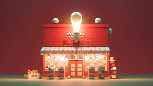 销售经营背景图片_特许经营理念照亮了一个灯泡的 3D 插图，里面有一家商店