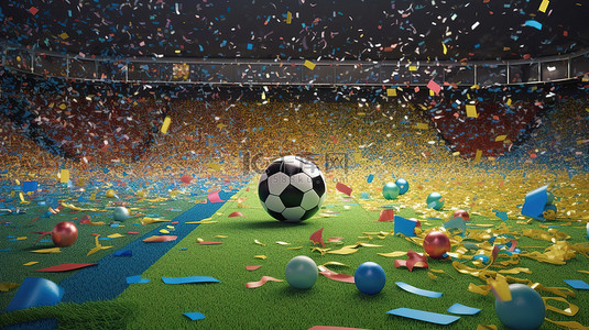 五彩手形背景图片_3D 渲染场中足球主题的五彩纸屑庆祝活动