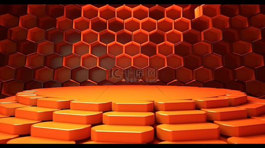 抽象蜂窝几何背景与霓虹橙色 3D 产品展示和平台讲台