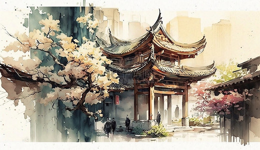 中式建筑边框背景图片_中国风建筑花树背景