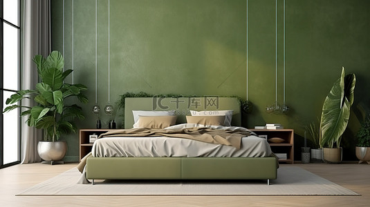 空白卧室背景图片_现代卧室设计，配有 3D 可视化的时尚绿色床