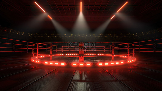 夜间竞技场设置 3D 渲染拳击场与泛光灯绳索