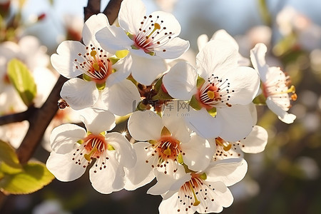 阳光明媚的日子里，白色的花朵在树上绽放