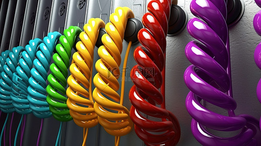 手机复古背景图片_3D 渲染中由螺旋电缆悬挂的各种彩色手机