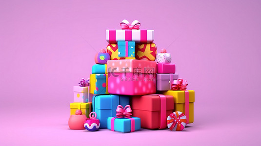 彩色礼品盒在粉红色背景 3D 渲染图像上装饰着可爱的卡通物体