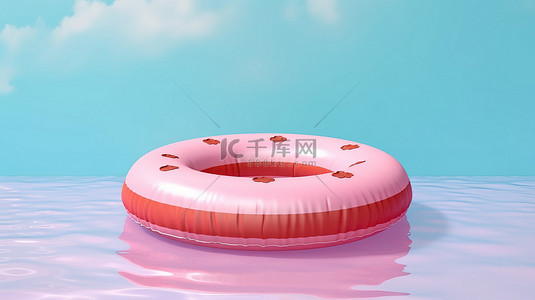 粉红色夏季背景的 3D 渲染，带有充气游泳圈和矩形复制空间
