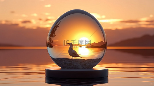 在 3D 渲染中以帆船和海鸥剪影为特色的玻璃蛋与日落天空相映成趣