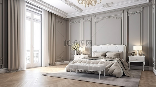 现代风格的经典卧室设计 3D 渲染，以灰色调家具和墙壁上的经典装饰元素为特色